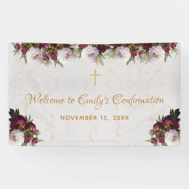 Lona Confirmación Bienvenida Burgundy Peony Marble Flor (Horizontal)