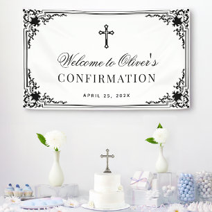 Lona Confirmación Negro y Blanco Script Elegante Vintag