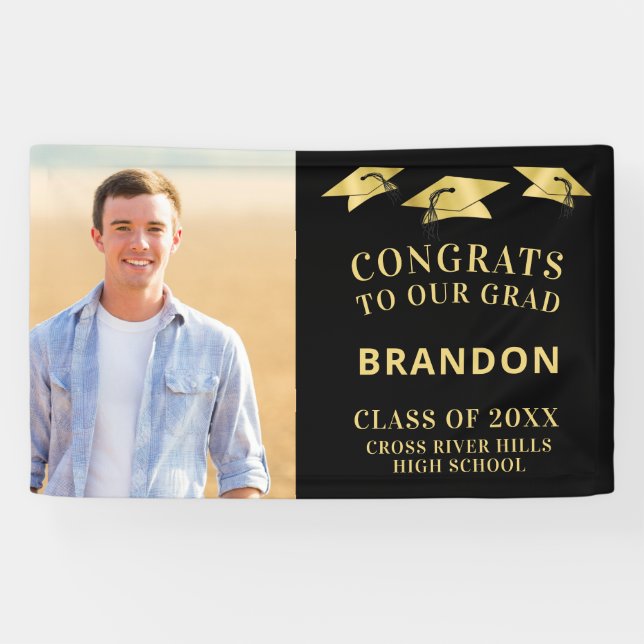 Lona CONGRAMAS GRAD Cap Toss Photo Black Gold (Horizontal)