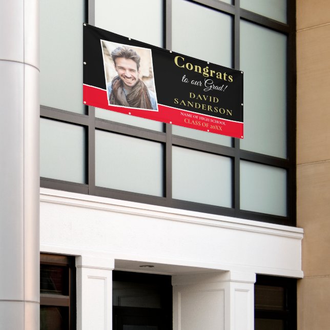 Lona Congrats Grad Photo Name Gold White Red (Edificio exterior)