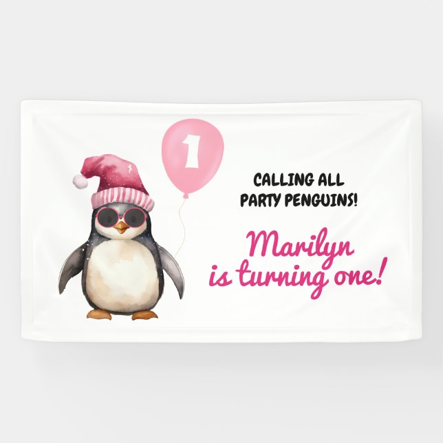 Lona Cool Winter Pink Penguin First Birthday Girl (Horizontal)