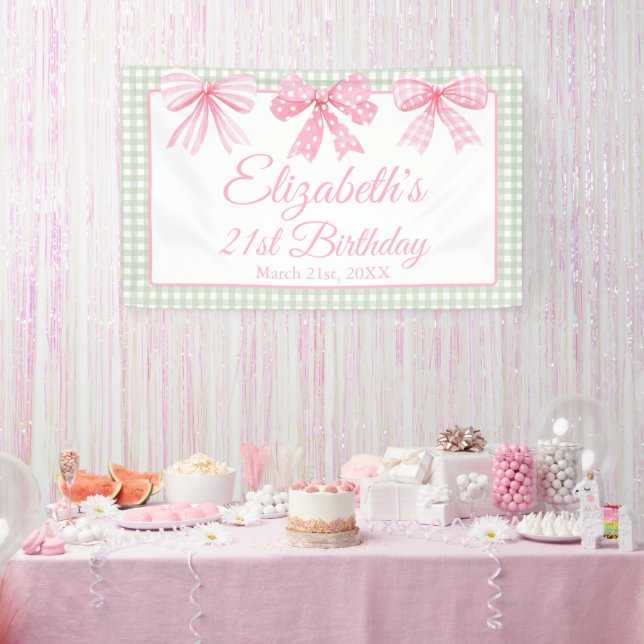 Lona Coquette Pink Bow Y Sage Gingham Cumpleaños 21 (Fiesta)