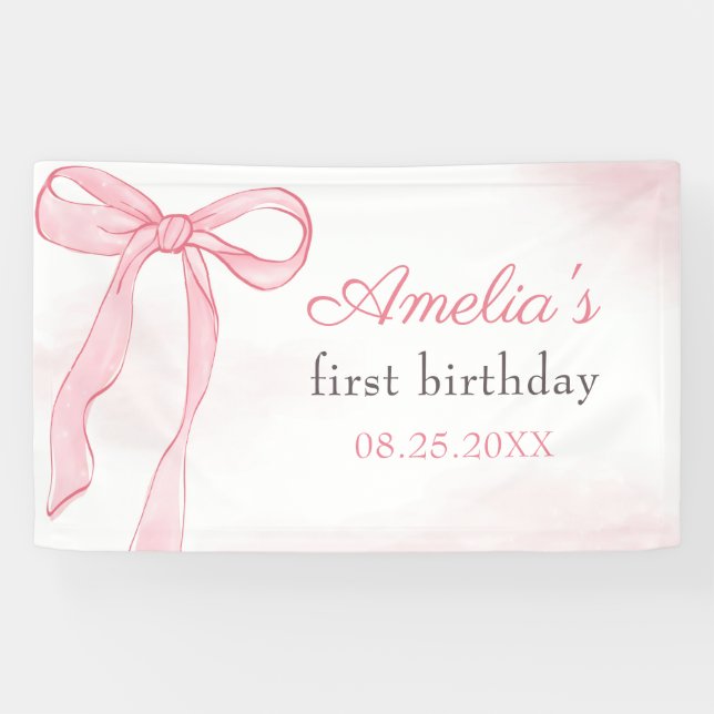 Lona Coquette Watercolor Pink Cute Bow Cumpleaños (Horizontal)