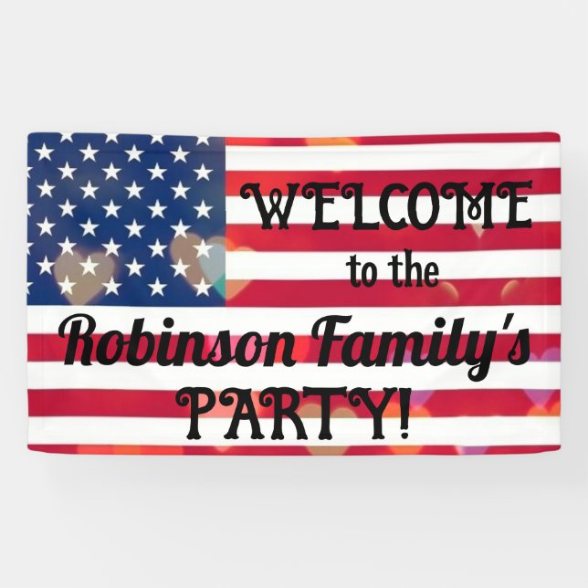 Lona Corazones Patriotic USA Flag con texto caligráfico (Horizontal)