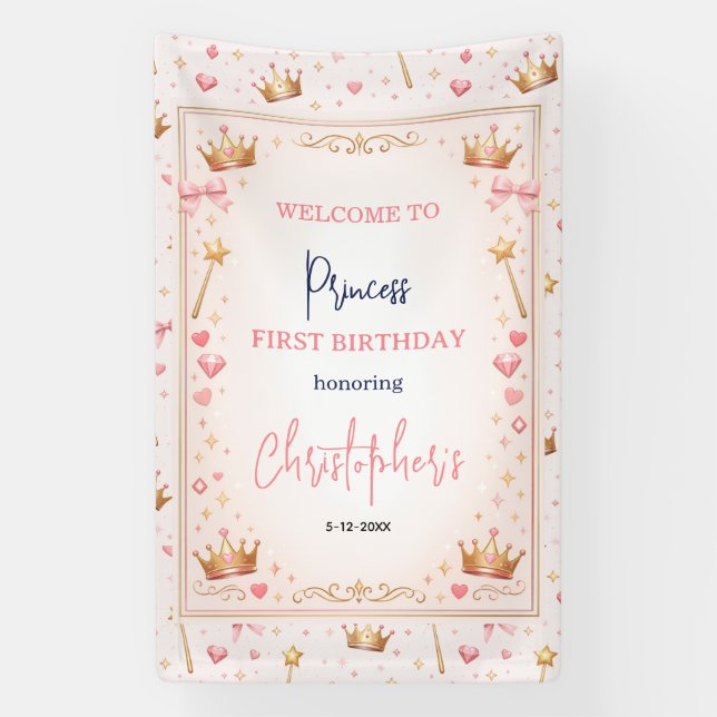 Lona Corona de Princesa de Oro Rosa Cumpleaños de Cuent (Vertical)