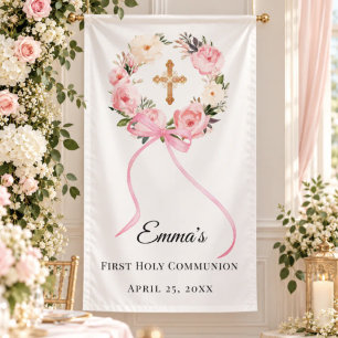 Lona Corona floral rosa Primera Comunión bienvenida