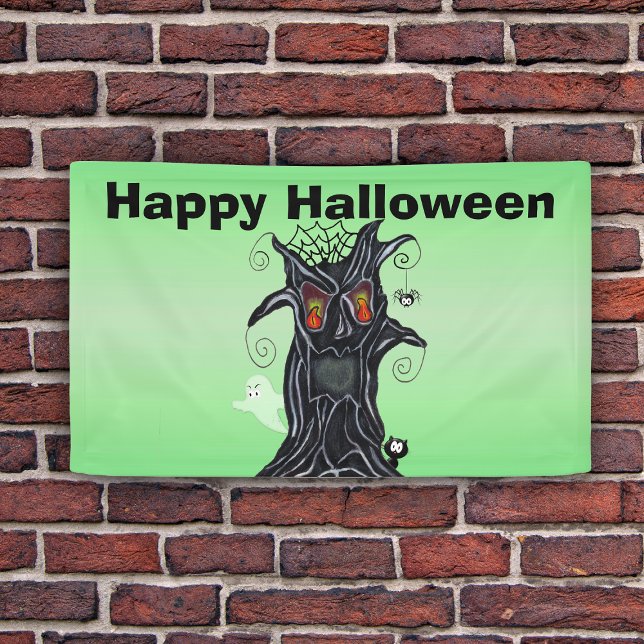 Lona Crepúsculo árbol negro de Halloween con cara malva (Spooky black Tree, ghost, black cat on green Happy Halloween decoration banner.)