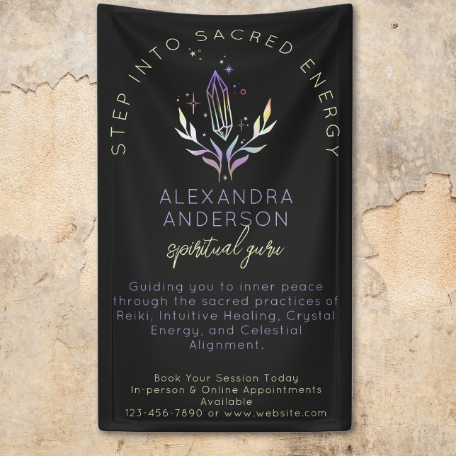 Lona Cristales espirituales holográficos místicos negro (Black Mystical Holographic Spiritual Crystals Banner)