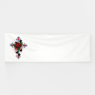 Lona Cruz de Plata con una Rosa Roja