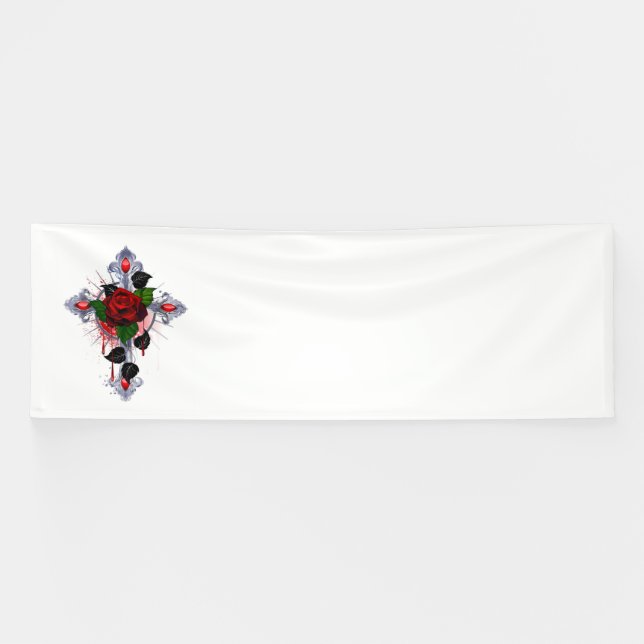 Lona Cruz de Plata con una Rosa Roja (Horizontal)