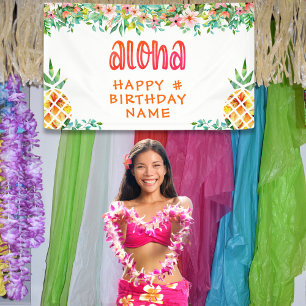 Lona CUALQUIER cumpleaños Floral de piña tropical ALOHA