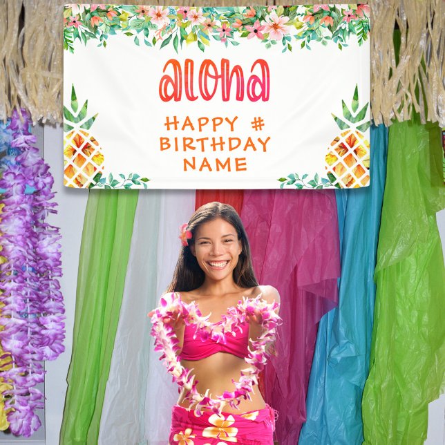 Lona CUALQUIER cumpleaños Floral de piña tropical ALOHA (Subido por el creador)