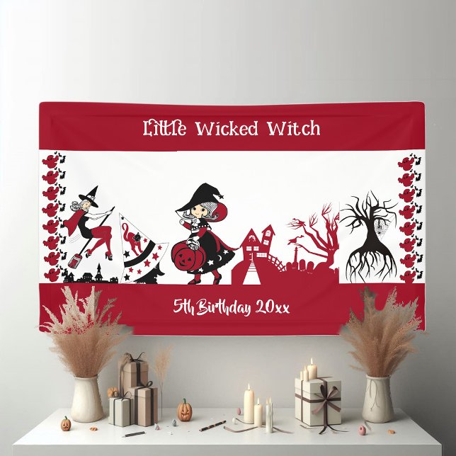 Lona Cuidada Bruja Wandering Halloween Blanco (Cute Little Wandering Witch Halloween White Red Banner)