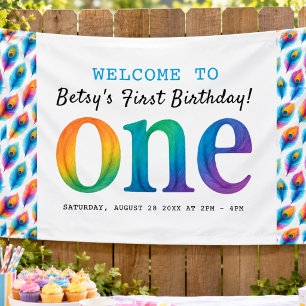 Lona Cumpleaños 1º Arcoíris Acuarela   Bebé Colorido 