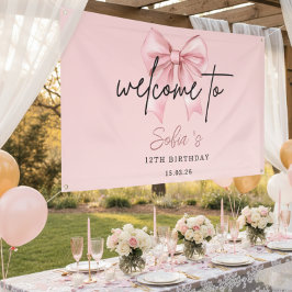 Lona 🎀 Cumpleaños 12 Pink Bow Banner de Bienvenida