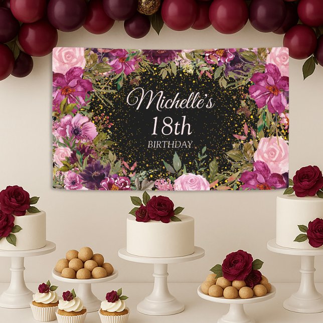 Lona Cumpleaños 18 de Rosa Borgoña Floral Brillo (Pink and black floral 18th birthday banner)