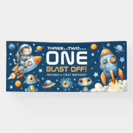 Lona Cumpleaños 1 Astronauta Gato Despegue Espacio Exte