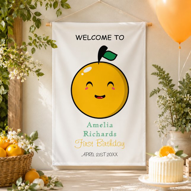 Lona Cumpleaños 1 de Little Cutie Naranja (Little Cutie Orange Citrus 1st Birthday Banner)