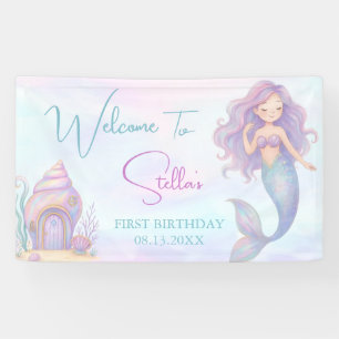 Lona Cumpleaños 1 de niña sirena bajo el mar morado