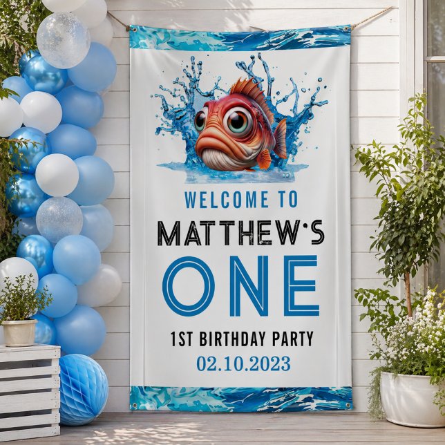 Lona Cumpleaños 1 del Pez Azul Adorable (Cute Water Blue Fish 1st Birthday Party Banner)