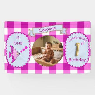 Lona Cumpleaños 1er con Foto de Pez Fiesta de Gingham R