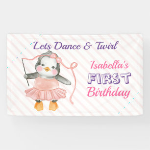 Lona Cumpleaños 1er Cumpleaños Pingüino Bailarina Rosa