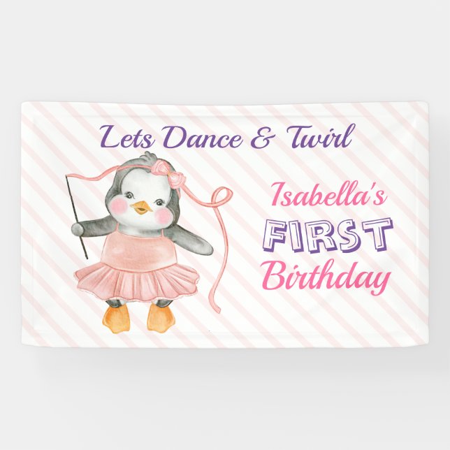 Lona Cumpleaños 1er Cumpleaños Pingüino Bailarina Rosa (Horizontal)