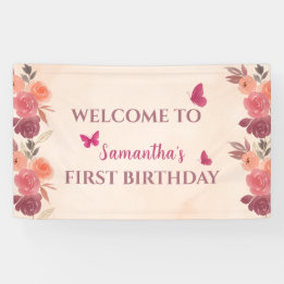Lona Cumpleaños 1er Elegante Rosa Floral Mariposa Blush