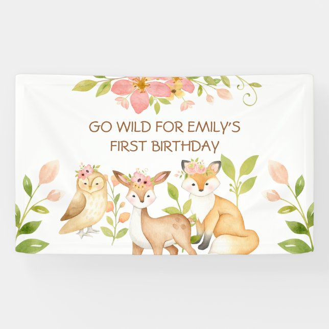 Lona Cumpleaños 1er Go Wild Banner Animales del Bosque (Horizontal)
