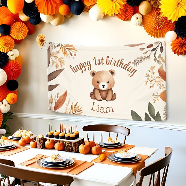 Lona Cumpleaños 1er oso pequeño otoño bosque bebé anima (1st birthday party baby bear wall backdrop with a boho Fall theme)