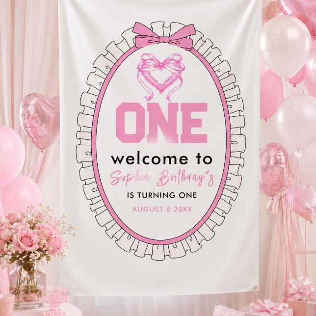 Lona Cumpleaños 1st con lazo rosa lindo Coquette (Cute Pink Bow Coquette 1st Birthday Banner)