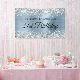 Lona Cumpleaños 21 Brillante Plateado Luz Azul Foil