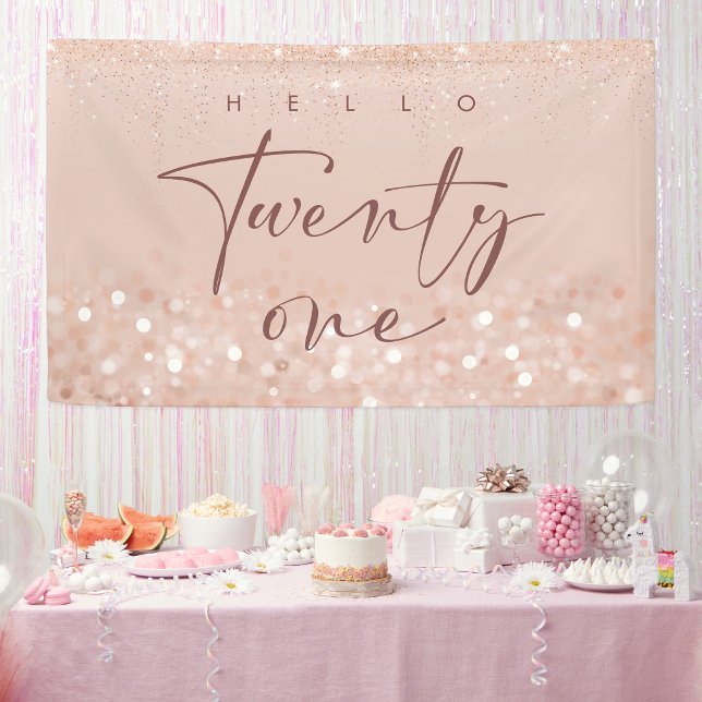 Lona Cumpleaños 21 con Brillo en Rosa Dorado (Rose Gold Glitter 21st Birthday Party Banner)