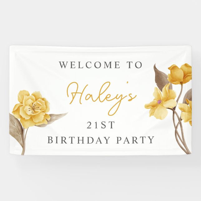 Lona Cumpleaños 21 Floral Chic Elegante Simple Amarillo (Horizontal)