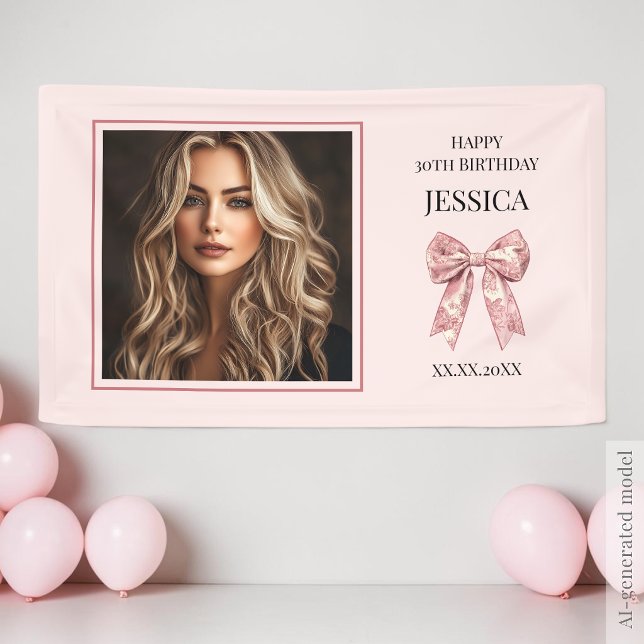 Lona Cumpleaños 30 Moderno Feliz Cumpleaños Treinta Fot (Modern Pink Happy 30th Birthday Photo Thirty Bow Banner)