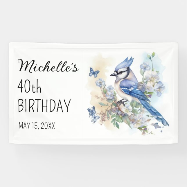 Lona Cumpleaños 40 Blue Jay Bird Floral Springtime Nomb (Horizontal)