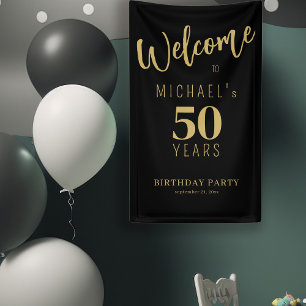 Lona cumpleaños 50 años nombre personalizado negro dora