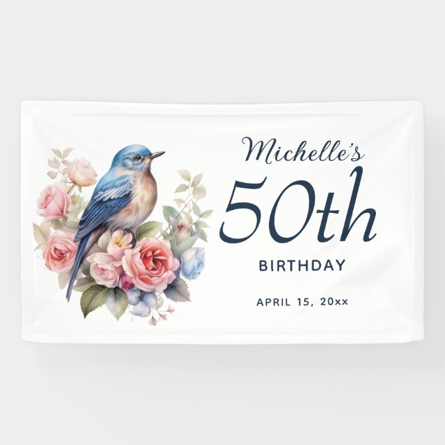 Lona Cumpleaños 50 Blue Bird Pink Floral  (Horizontal)