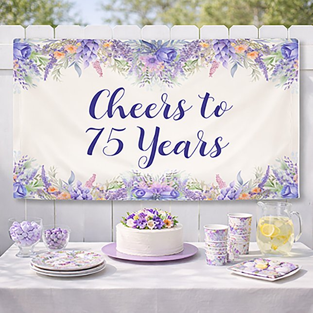 Lona Cumpleaños 75 de Flor de Lavanda Púrpura (Cheers to 75 years!)