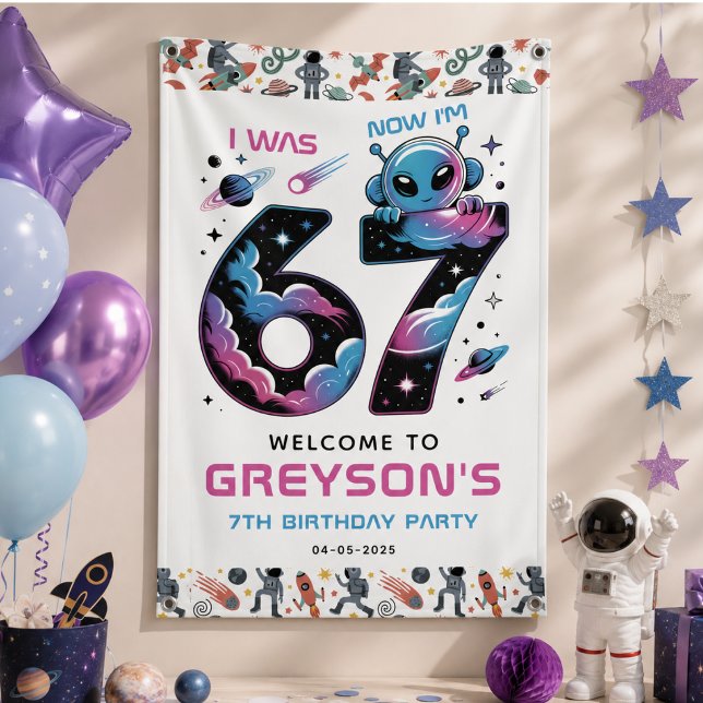 Lona Cumpleaños 7 de Cute Space | Seis y Siete Años de  (Cute Space 7th Birthday | Six & Seven Year Old Banner)