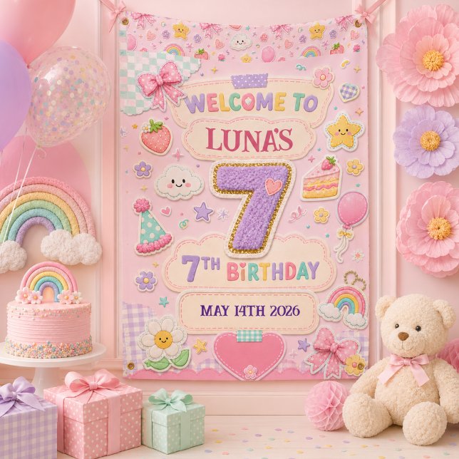 Lona Cumpleaños 7 de niña con arcoíris de patchwork pas (Pastel Patchwork Rainbow 7th Birthday Party Girl Banner
)