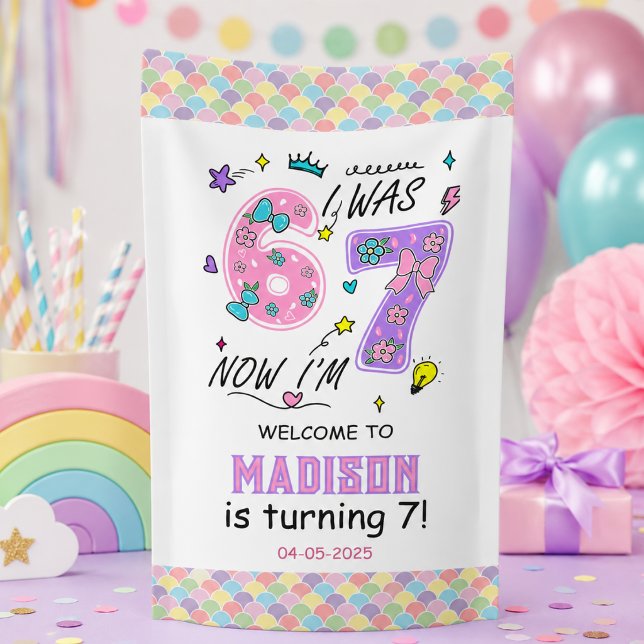 Lona Cumpleaños 7 de Rainbow | Tenía 6, Ahora 7 | Fiest (Rainbow 7th Birthday | I Was 6, Now 7 | Kids Party Banner
)