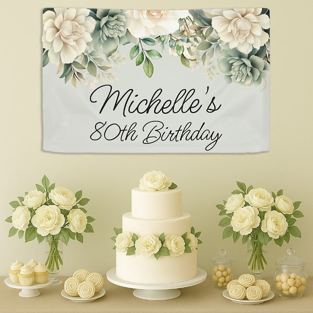Lona Cumpleaños 80 de Flor Blanca Salvia Verde (Elegant sage green and cream watercolor floral birthday banner)