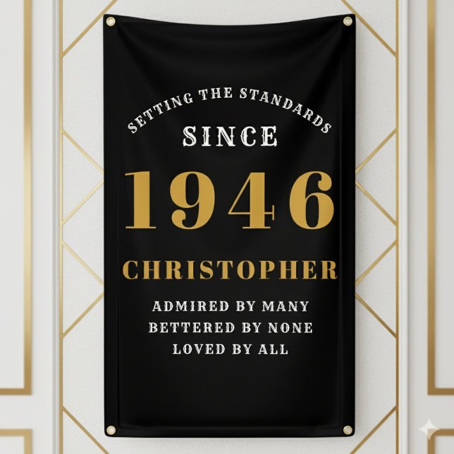 Lona Cumpleaños 80 Nació en 1946 Agregar Nombre Negro O (1946 Wall Banner. White and gold background.)