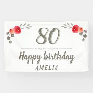 Lona Cumpleaños 80 Script Rosa Floral Acuarela Fiesta