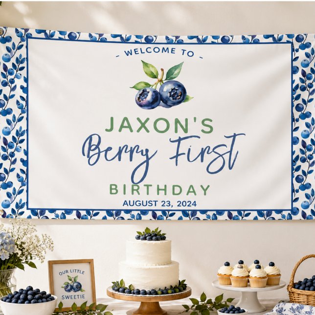 Lona Cumpleaños Berry First Arándano 1er (Berry First Blueberry 1st Birthday Party Banner)