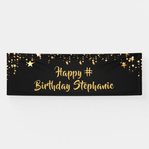 Lona Cumpleaños Black Gold Stars Brush Script Personali