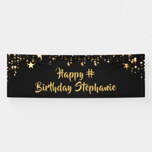 Lona Cumpleaños Black Gold Stars Brush Script Personali (Horizontal)