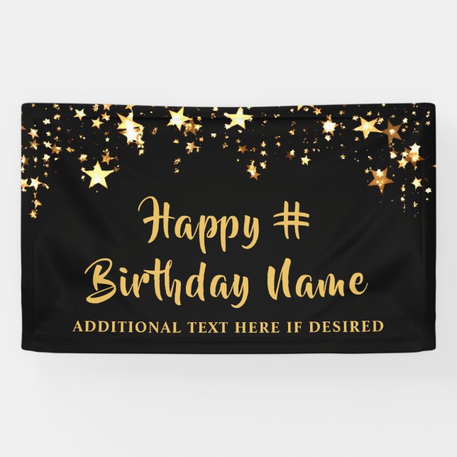 Lona Cumpleaños Black Gold Stars Brush Script Personali (Horizontal)