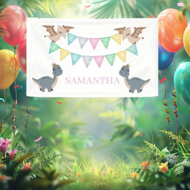 Lona Cumpleaños Boho Dino Rosa (Celebrate in style with our Boho Dino Birthday Pink Banner! )